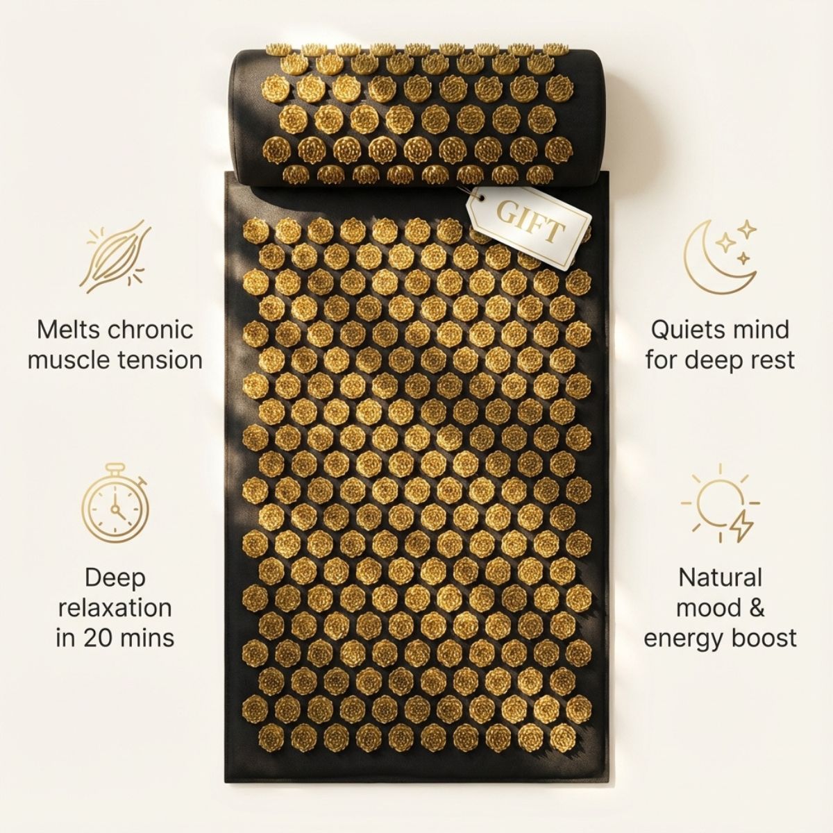 Acupressure mat with gold nodes on a white background, featuring text about its benefits.