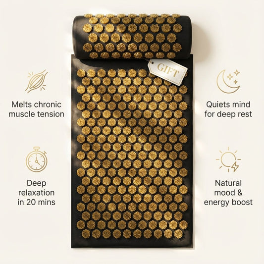 Acupressure mat with gold nodes on a white background, featuring text about its benefits.